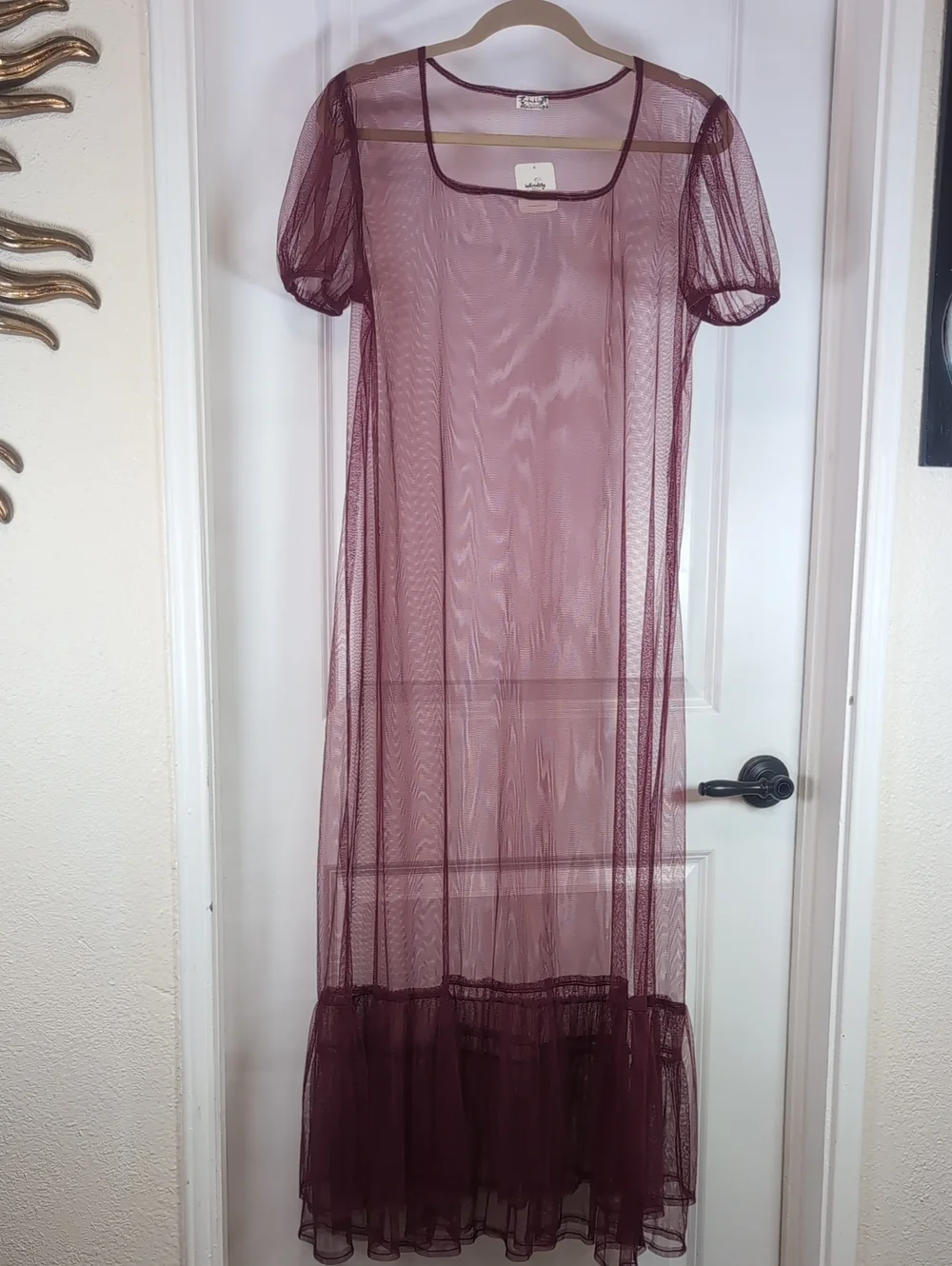 Free People Sheer Mauve Mesh Maxi Dress with Puff Sleeves NWT
